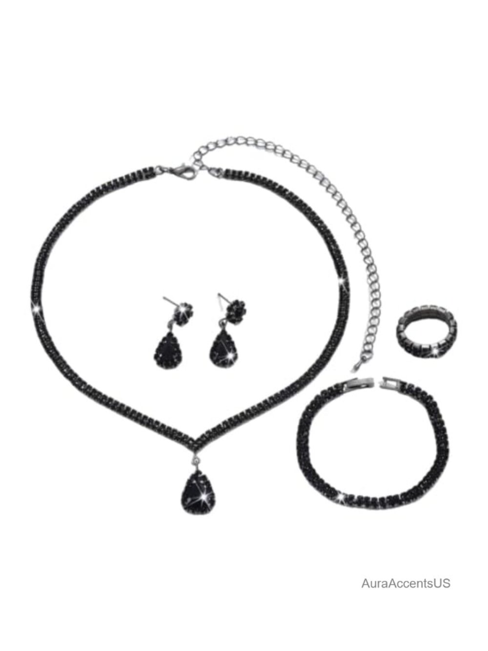 Rhinestone Crystal Necklace Earrings Bracelet Ring Jewelry Set
